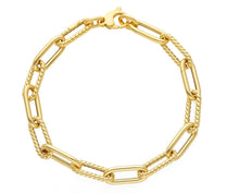 Cargar imagen en el visor de la galería, 18K YELLOW GOLD BRACELET PAPER CLIP 5x15 ALTERNATE STRIPED SMOOTH OVAL LINKS.