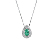 Charger l'image dans la galerie, 18k white gold necklace 0.19ct emerald & diamonds drop pendant, venetian chain.