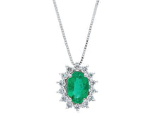 Charger l'image dans la galerie, 18k white gold necklace oval 1.06 emerald diamonds frame pendant, venetian chain.