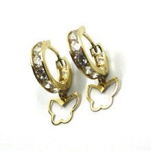 Charger l'image dans la galerie, 18K YELLOW GOLD PENDANT EARRINGS, MINI CUBIC ZIRCONIA HOOPS WITH BUTTERFLIES.