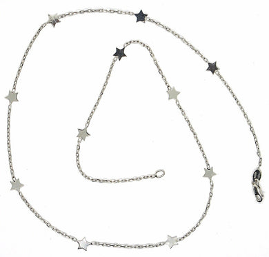 18k white gold necklace with flat stars, square cable rolo chain, 16.5 inches.