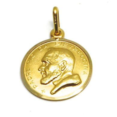 18k yellow gold medal pendant, Saint Pio of Pietrelcina 15mm very detailed.