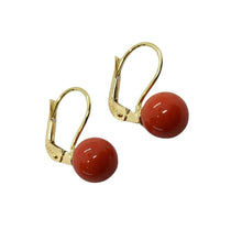Charger l'image dans la galerie, 18k yellow gold leverback pendant earrings spheres perfect red coral, 8mm 0.31".