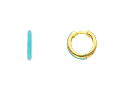 18K YELLOW GOLD TURQUOISE ENAMEL CIRCLE HOOPS 10mm x 2mm EARRINGS, MADE IN ITALY.