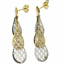Load image into Gallery viewer, 18K YELLOW WHITE GOLD PENDANT EARRINGS, DOUBLE WORKED OVERLAPPED DROPS, 4.5cm.
