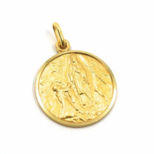 Load image into Gallery viewer, 18k yellow gold Senora Lady of Lourdes 17 mm round medal Virgin Mary pendant.