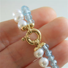 Cargar imagen en el visor de la galería, 18k yellow gold bracelet with 2 strands pearls and aquamarine 7 in made in Italy.
