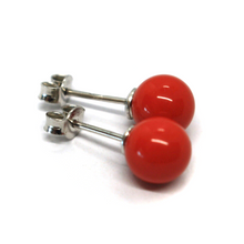 Load image into Gallery viewer, 18k white gold 8mm spheres intense red reconstructed coral button earrings.