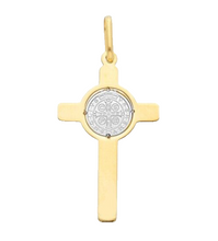 Load image into Gallery viewer, Solid 18k yellow white gold flat 30mm Cross pendant with Saint Benedict medal.