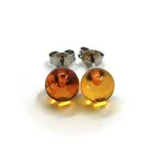 Load image into Gallery viewer, solid 18k white gold lobe earrings, orange amber 8 mm spheres butterfly closure.