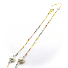 Load image into Gallery viewer, 18k yellow white rose gold necklace, oval flat chain alternate white 6mm pearls.