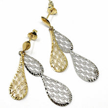 Load image into Gallery viewer, 18K YELLOW WHITE GOLD PENDANT EARRINGS, DOUBLE WORKED OVERLAPPED DROPS, 4.5cm.