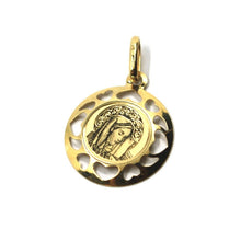 Load image into Gallery viewer, 18K YELLOW GOLD ROUND MEDAL 18mm VIRGIN MARY MADONNA PENDANT WITH HEARTS FRAME.