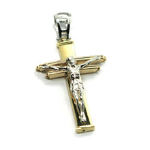 Load image into Gallery viewer, 18K YELLOW WHITE GOLD CROSS PENDANT 34mm 1.35", STYLIZED WITH JESUS, ITALY MADE.