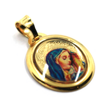 Load image into Gallery viewer, 18k yellow gold enamel oval medal pendant, 17x15mm Virgin Mary Madonna.
