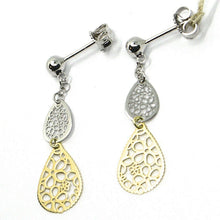 Load image into Gallery viewer, 18K YELLOW WHITE GOLD PENDANT EARRINGS, DOUBLE FLAT DROPS WITH FLOWERS, 3.5cm.