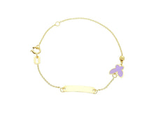 Charger l'image dans la galerie, 18k yellow gold kid child bracelet enamel butterfly, rolo chain engraving plate.