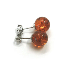 Load image into Gallery viewer, solid 18k white gold lobe earrings, orange amber 10mm spheres butterfly closure.