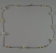 Load image into Gallery viewer, SOLID 18K WHITE GOLD NECKLACE WITH FRESHWATER WHITE PEARL AND YELLOW GOLD BALLS.