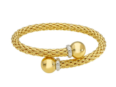 18K YELLOW GOLD BYPASS BANGLE RIGID BASKET POPCORN TUBE BRACELET 5mm, SPHERES.