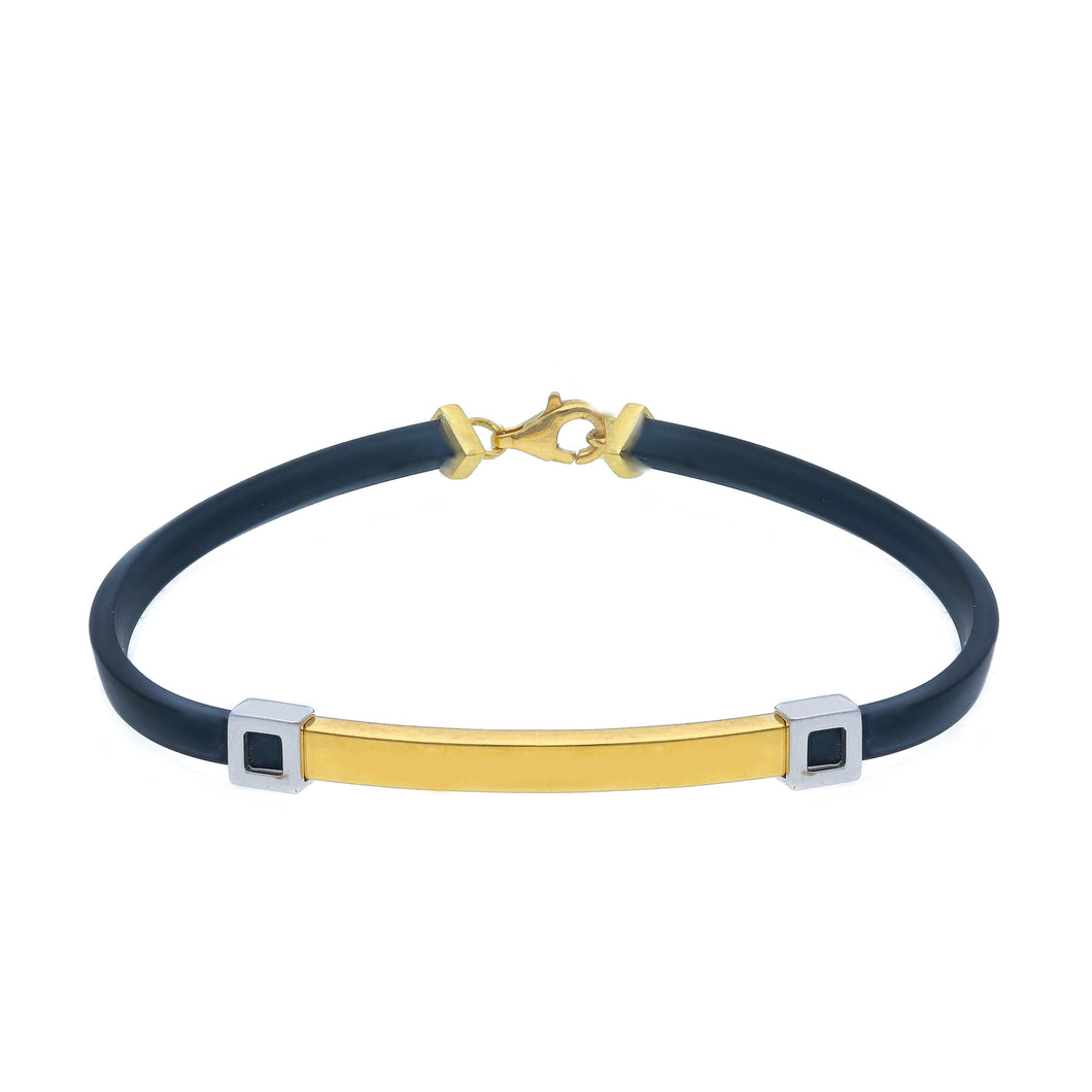 SOLID 18K YELLOW WHITE GOLD BRACELET 4mm SQUARE TUBE PLATE AND BLACK RUBBER 8.3