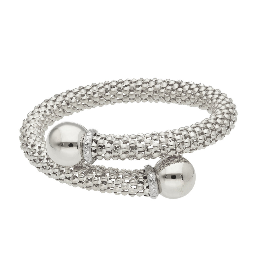 18k white gold bypass bangle rigid basket popcorn tube bracelet 8mm, spheres