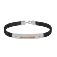 SOLID 18K ROSE WHITE GOLD BRACELET 6mm RECTANGULAR TUBE PLATE & BLACK RUBBER