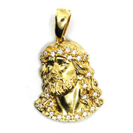 18k yellow gold Ecce Homo Jesus Christ face incredibly detailed big 33mm pendant with cubic zirconia.