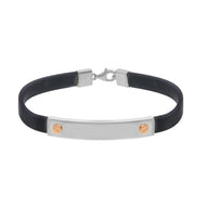 SOLID 18K ROSE WHITE GOLD BRACELET 6mm RECTANGULAR TUBE PLATE & BLACK RUBBER