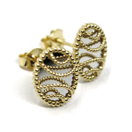 18K YELLOW WHITE GOLD BOTTON OVAL EARRINGS 14 MM, DOUBLE LAYER WORKED MIRROR