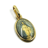 SOLID 18K YELLOW OVAL GOLD MEDAL, VIRGIN MARY 13mm, MIRACULOUS, BLUE ENAMEL