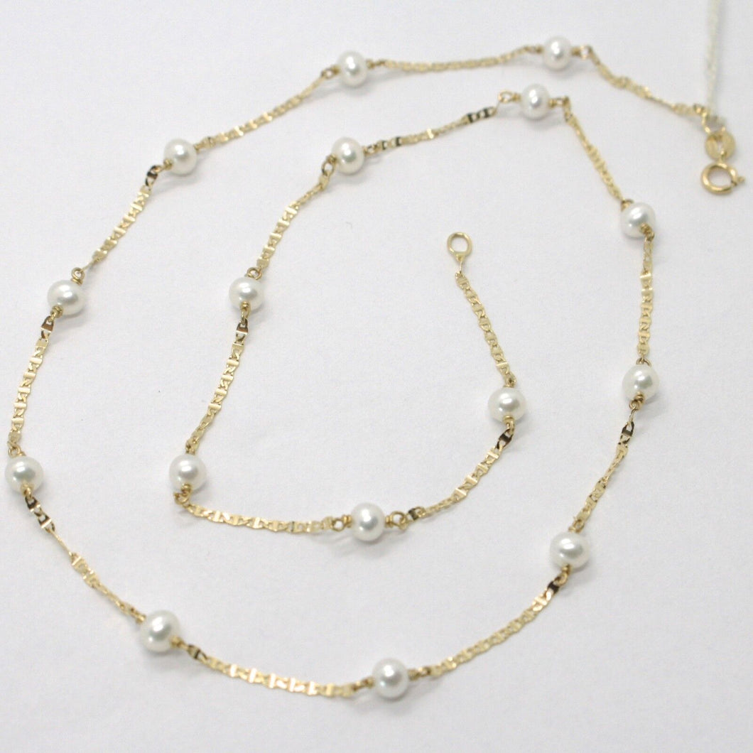 18K YELLOW GOLD NECKLACE, OVAL FLAT ALTERNATE WITH WHITE MINI PEARLS 4 MM