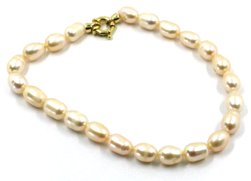 Pulsera de oro amarillo de 18 quilates de 19,9 cm con perlas barrocas de agua dulce ovaladas de color rosa de 6 x 7 mm.