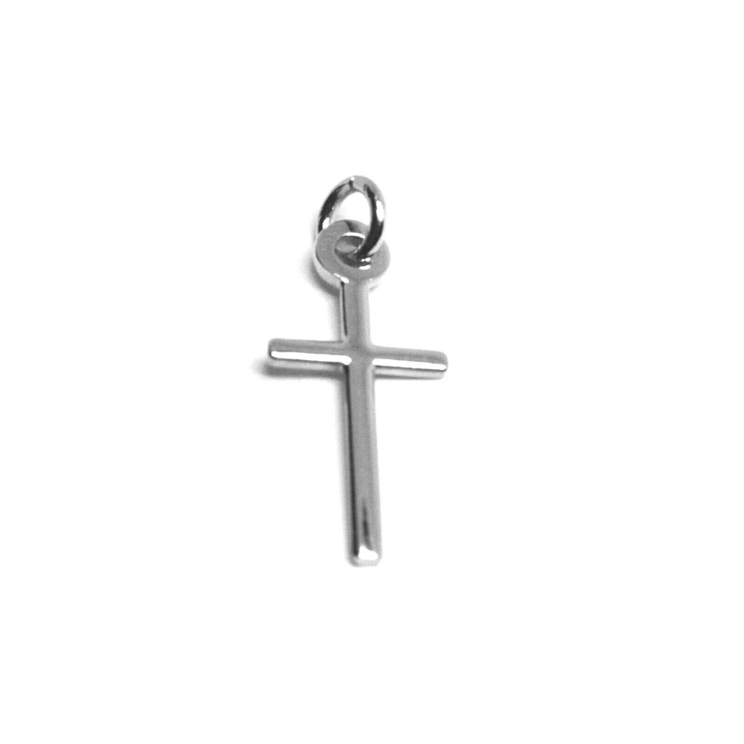 SOLID 18K WHITE GOLD MINI CROSS 18mm, ROUNDED, SMOOTH, TUBE 1mm, MADE IN ITALY