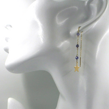 Load image into Gallery viewer, 18k yellow gold 4.5cm 1.77&quot; threader long earrings 3mm tanzanite, 6mm stars
