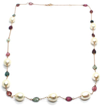 Load image into Gallery viewer, 18K ROSE GOLD LONG NECKLACE ROLO, BIG 12mm PEARLS &amp; TOURMALINE DROPS 26.7&quot;

