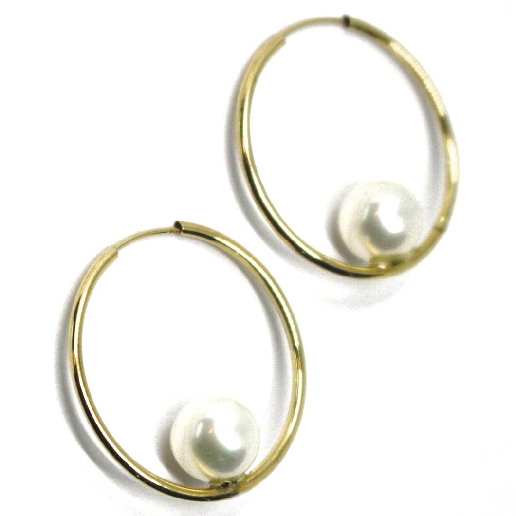 18K YELLOW GOLD CIRCLE HOOPS EARRINGS, TUBE 1mm, DIAMETER 2.5cm, HANGING PEARL