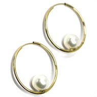 18K YELLOW GOLD CIRCLE HOOPS EARRINGS, TUBE 1mm, DIAMETER 2.5cm, HANGING PEARL