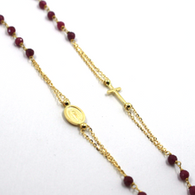 Load image into Gallery viewer, 18k yellow gold Rosary 22&quot; necklace, 3mm faceted red ruby Cross Miraculous medal
