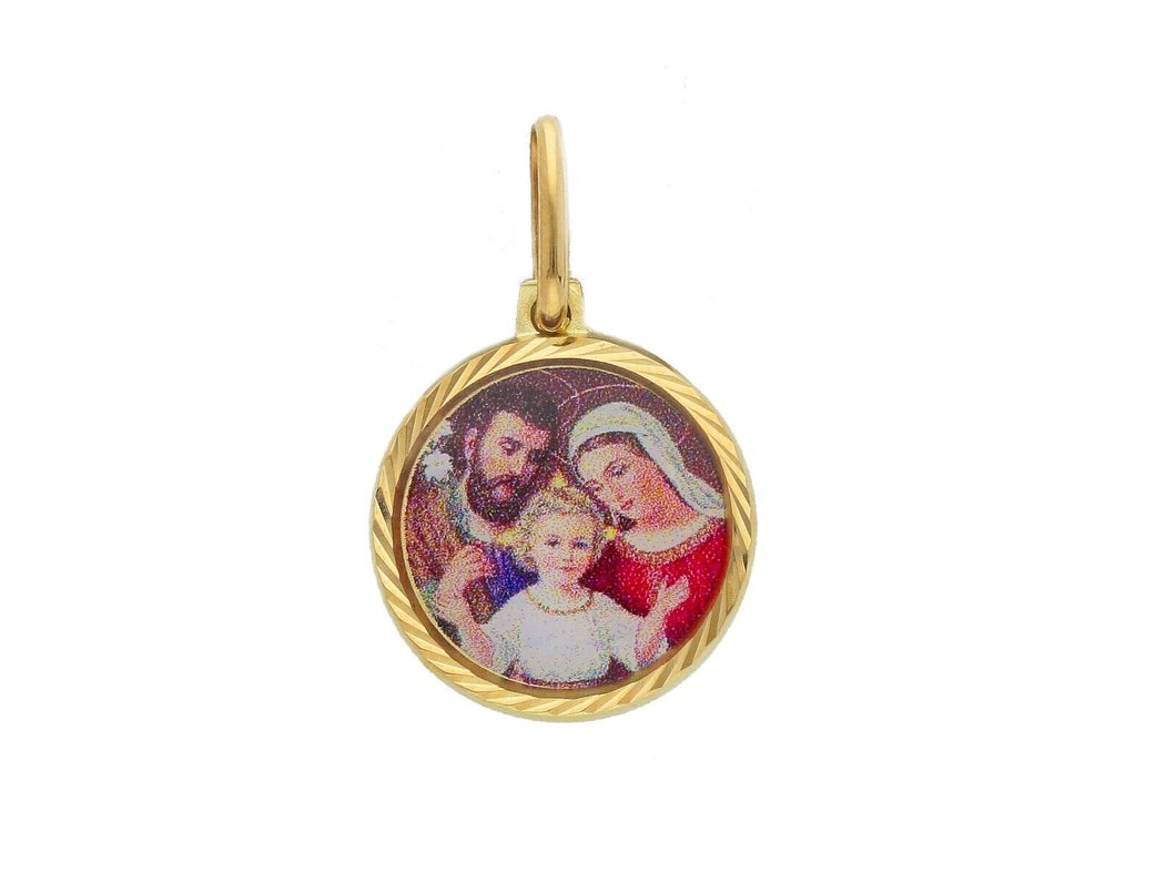 18k yellow gold enamel round medal pendant, 15mm, Holy Family Virgin Mary Jesus