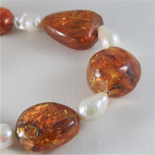 Load image into Gallery viewer, SOLID 18K YELLOW GOLD NECKLACE WITH DROP PEARLS AND BALTIC AMBER MADE IN ITALY
