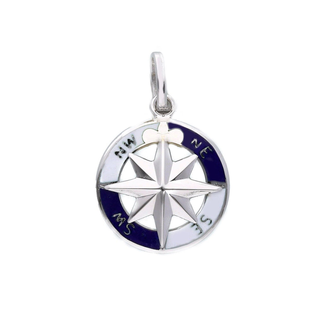 18k white gold, white and blue enamel round pendant 18mm compass medal