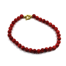 Load image into Gallery viewer, 18k yellow gold bracelet 7.9&quot;, red bamboo coral round 5mm beads spheres balls
