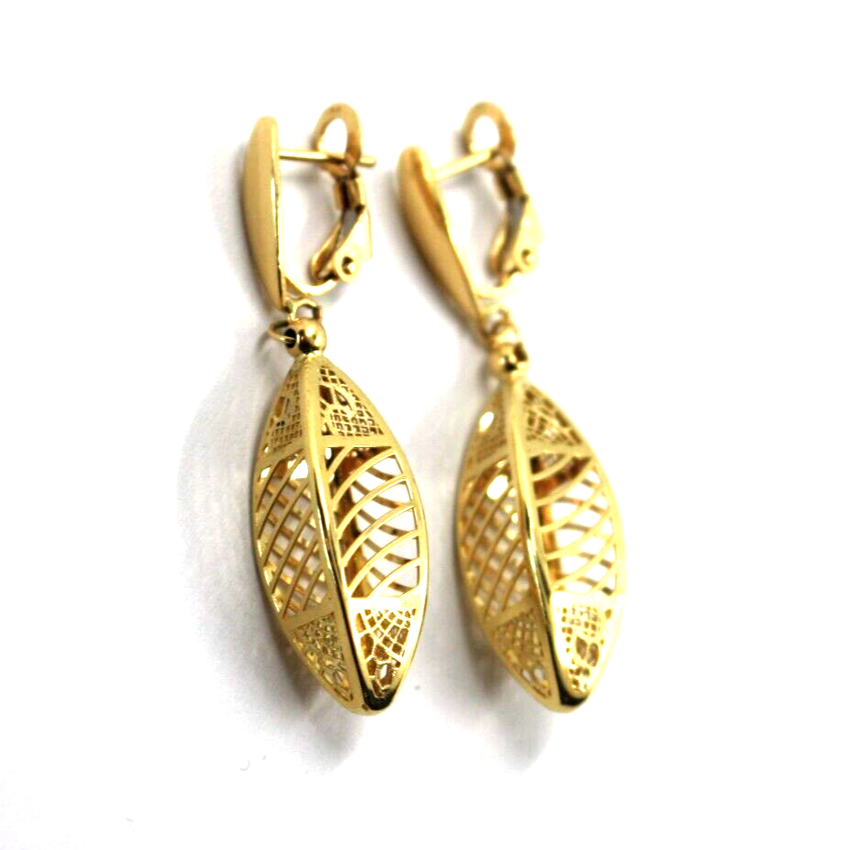 18k yellow gold long 42mm earrings finely worked 3d oval striped lantern