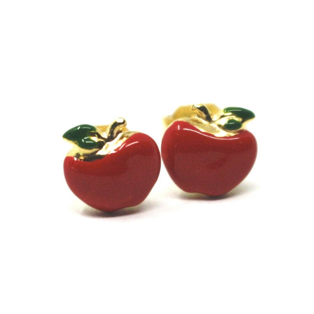 18K YELLOW GOLD STUD EARRINGS, ENAMEL RED APPLE, 9mm, 0.35 INCHES