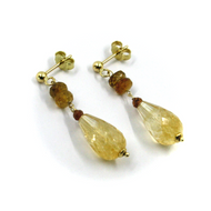 18k yellow gold 3.5cm long earrings, orange tourmaline and yellow citrine drops