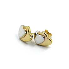 Load image into Gallery viewer, 18k yellow white gold stud 10x13mm double heart, hearts hug earrings
