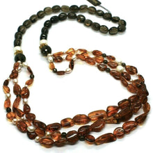 Load image into Gallery viewer, 18K YELLOW GOLD 3 WIRES LONG NECKLACE PEARLS, AMBER, SMOKY QUARTZ, 90cm 35&quot;
