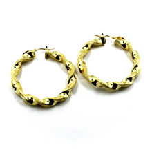 Load image into Gallery viewer, 18k yellow gold hoops braided spiral satin earrings, diameter 45mm, big 6mm tube
