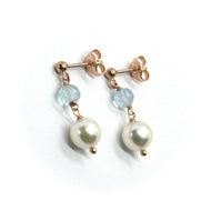 18K ROSE GOLD LONG EARRINGS, SALTWATER AKOYA PEARLS 7.5/8 mm & AQUAMARINE